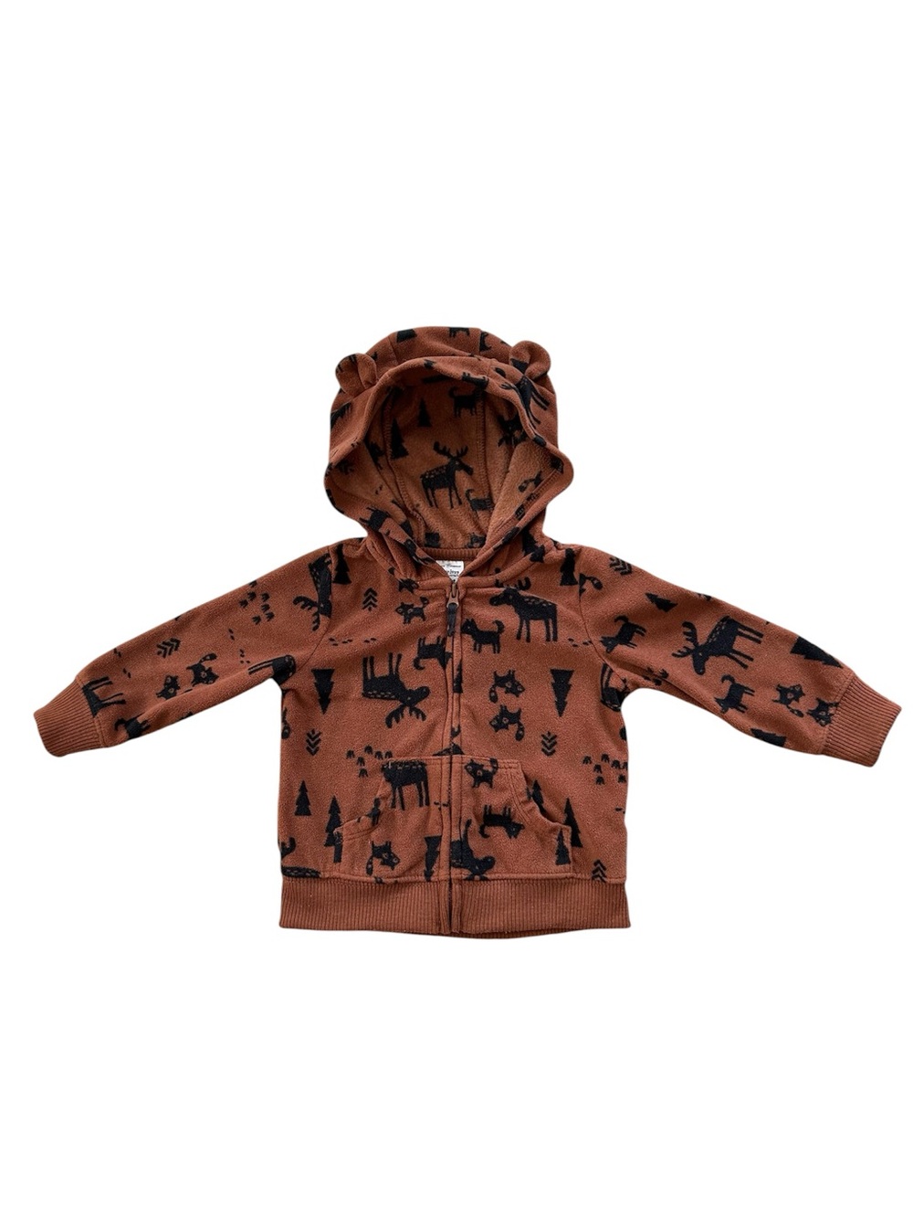 Simple Joys Brown Moose Print Zip Hoodie with ears, 6-9 months